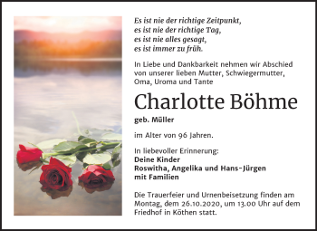 Traueranzeige von Charlotte Böhme von Mitteldeutsche Zeitung Köthen