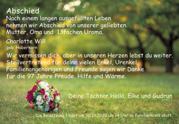 Traueranzeige von Charlotte Will von Mitteldeutsche Zeitung Mansfelder Land