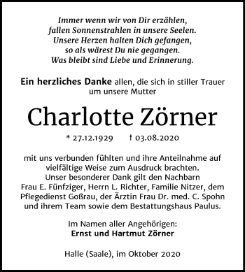 Traueranzeige von Charlotte Zörner von Super Sonntag Mansfelder Land