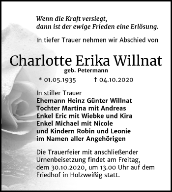 Traueranzeige von Charlotte Erika Willnat von Mitteldeutsche Zeitung Bitterfeld
