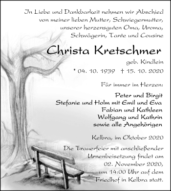 Traueranzeige von Christa Kretschmer von Super Sonntag Sangerhausen