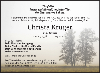 Traueranzeige von Christa Krüger von Wochenspiegel Weißenfels
