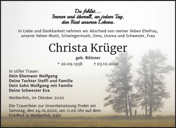 Traueranzeige von Christa Krüger von Mitteldeutsche Zeitung Weißenfels