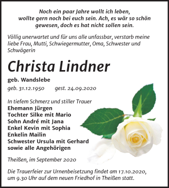 Traueranzeige von Christa Lindner von Mitteldeutsche Zeitung Zeitz