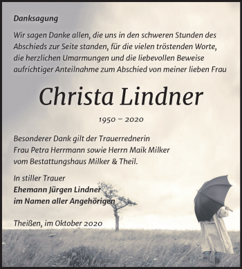 Traueranzeige von Christa Lindner von Mitteldeutsche Zeitung Zeitz