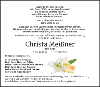 Traueranzeige von Christa Meißner von Mitteldeutsche Zeitung Köthen
