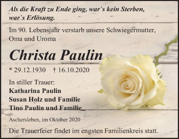 Traueranzeige von Christa Paulin von Mitteldeutsche Zeitung Aschersleben