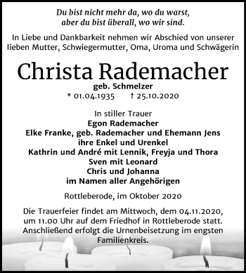 Traueranzeige von Christa Rademacher von Mitteldeutsche Zeitung Sangerhausen