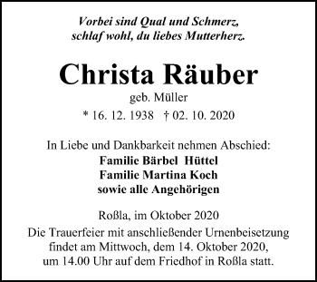 Traueranzeige von Christa Räuber von Super Sonntag Sangerhausen