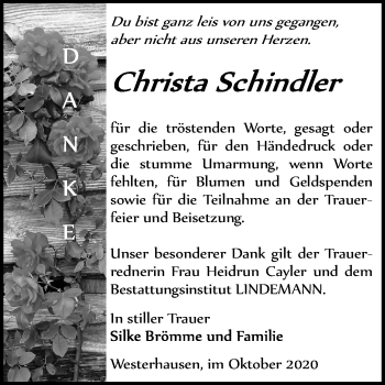 Traueranzeige von Christa Schindler von Super Sonntag Quedlinburg