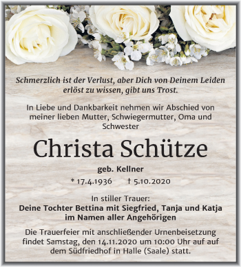 Traueranzeige von Christa Schütze von Mitteldeutsche Zeitung Halle/Saalkreis