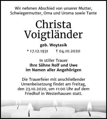 Traueranzeige von Christa Voigtländer von Mitteldeutsche Zeitung Quedlinburg