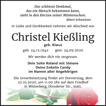 Traueranzeige von Christel Kießling von Super Sonntag Wittenberg
