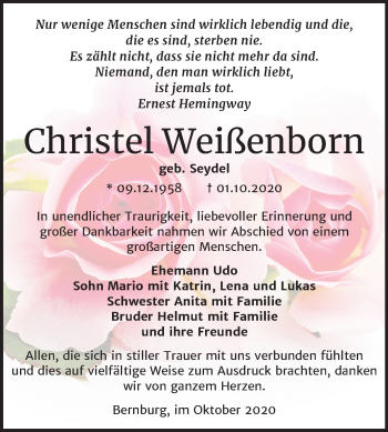 Traueranzeige von Christel Weißenborn von Mitteldeutsche Zeitung Bernburg