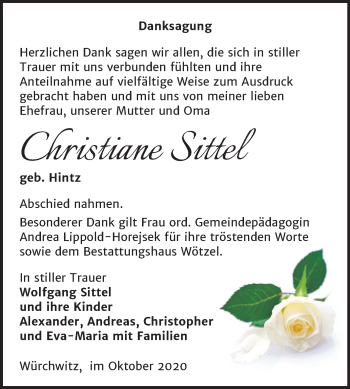 Traueranzeige von Christiane Sittel von Mitteldeutsche Zeitung Zeitz