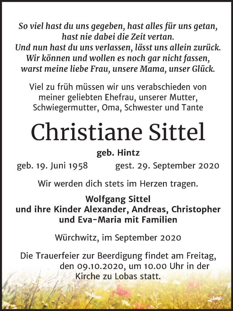  Traueranzeige für Christiane Sittel vom 05.10.2020 aus Mitteldeutsche Zeitung Zeitz