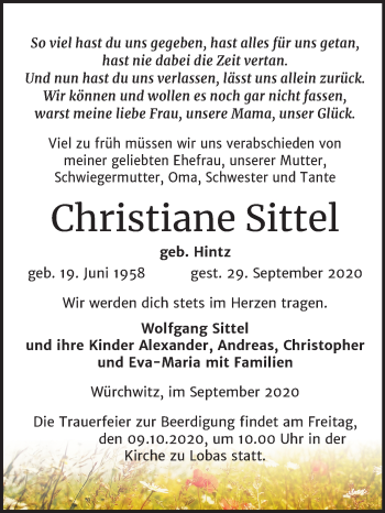 Traueranzeige von Christiane Sittel von Mitteldeutsche Zeitung Zeitz