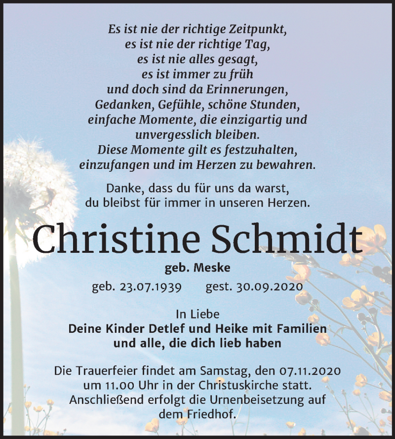 Traueranzeigen Von Christine Schmidt Www Abschied Nehmen De