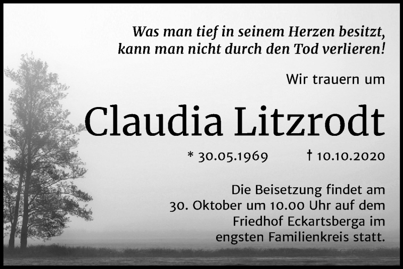  Traueranzeige für Claudia Litzrodt vom 28.10.2020 aus Wochenspiegel Naumburg/Nebra