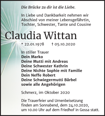 Traueranzeige von Claudia Wittan von Wochenspiegel Bitterfeld