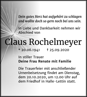 Traueranzeige von Claus Rochelmeyer von Mitteldeutsche Zeitung Halle/Saalkreis