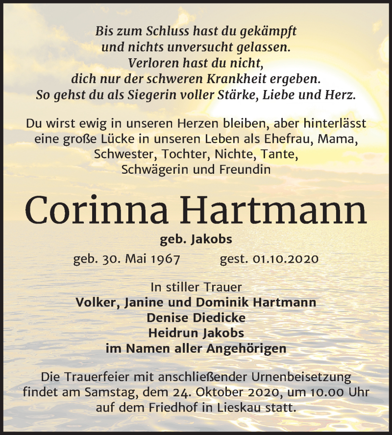  Traueranzeige für Corinna Hartmann vom 10.10.2020 aus Mitteldeutsche Zeitung Halle/Saalkreis