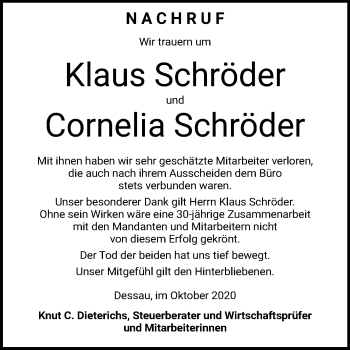 Traueranzeige von Cornelia und Klaus Schröder von Mitteldeutsche Zeitung Dessau-Roßlau
