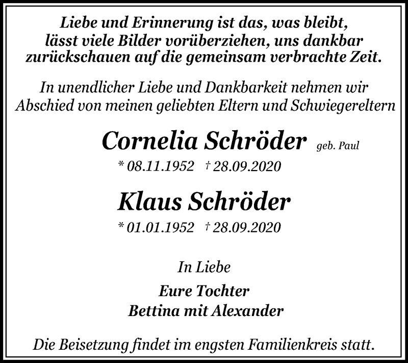  Traueranzeige für Cornelia und Klaus Schröder vom 17.10.2020 aus Super Sonntag Dessau-Roßlau