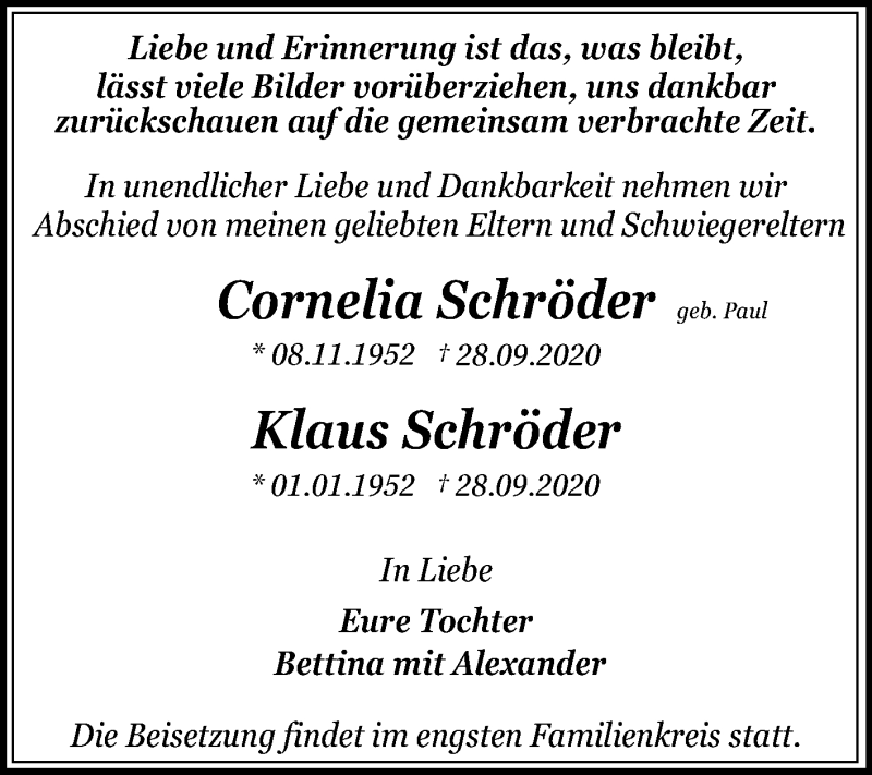  Traueranzeige für Cornelia und Klaus Schröder vom 15.10.2020 aus Mitteldeutsche Zeitung Dessau-Roßlau