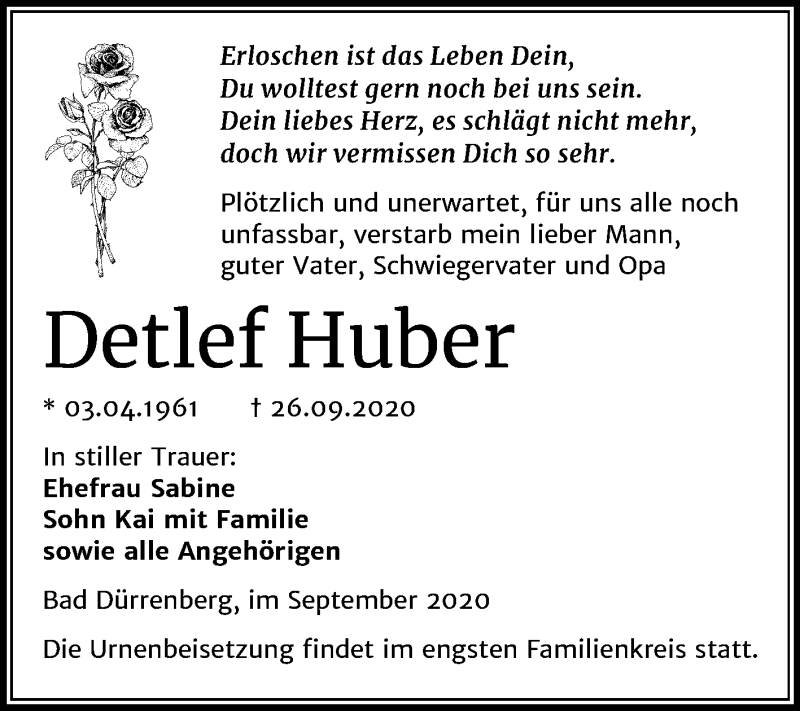  Traueranzeige für Detlef Huber vom 10.10.2020 aus Super Sonntag Merseburg/Querfurt