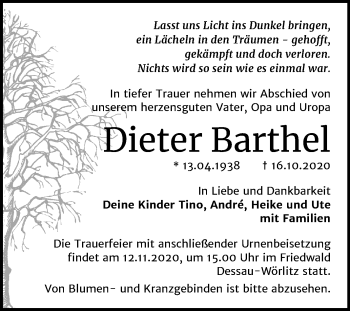 Traueranzeige von Dieter Barthel von Mitteldeutsche Zeitung Dessau-Roßlau