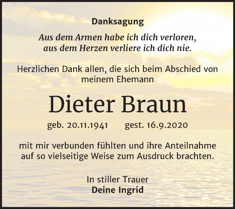  Traueranzeige für Dieter Braun vom 28.10.2020 aus Wochenspiegel Weißenfels