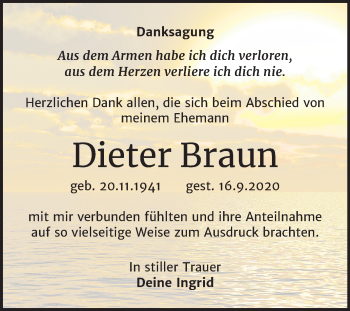 Traueranzeige von Dieter Braun von Wochenspiegel Weißenfels