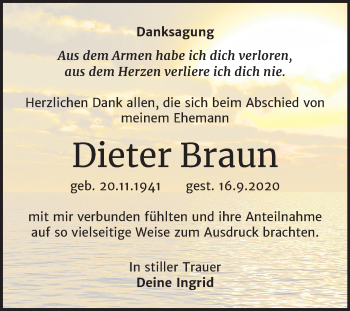 Traueranzeige von Dieter Braun von Mitteldeutsche Zeitung Weißenfels