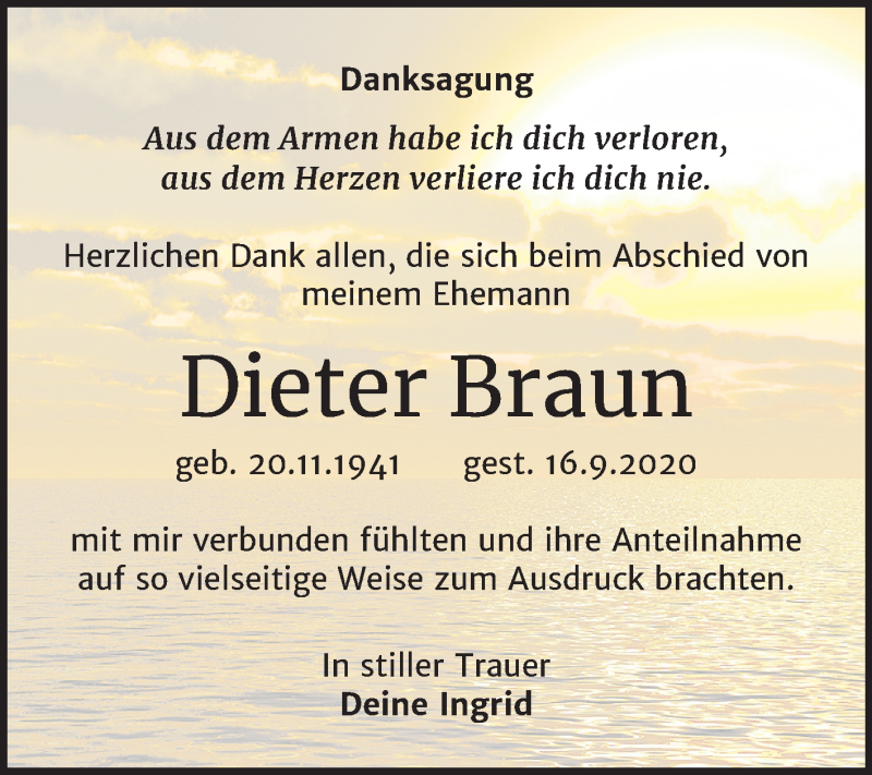  Traueranzeige für Dieter Braun vom 24.10.2020 aus Mitteldeutsche Zeitung Weißenfels