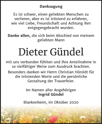 Traueranzeige von Dieter Gündel von Super Sonntag Sangerhausen