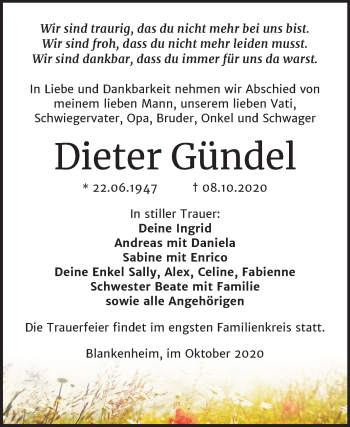 Traueranzeige von Dieter Gündel von Mitteldeutsche Zeitung Sangerhausen