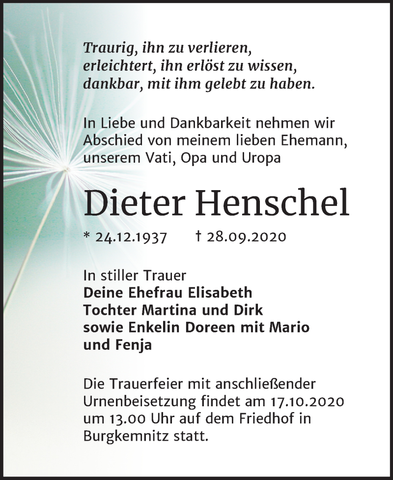  Traueranzeige für Dieter Henschel vom 10.10.2020 aus Mitteldeutsche Zeitung Bitterfeld