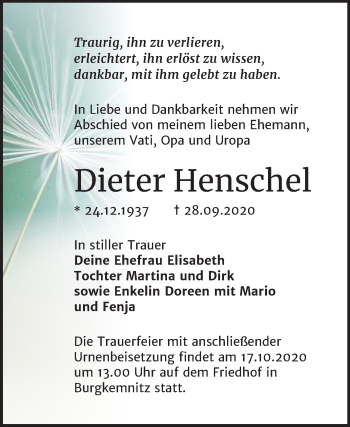 Traueranzeige von Dieter Henschel von Wochenspiegel Bitterfeld