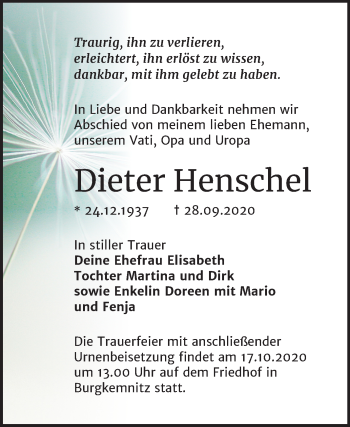 Traueranzeige von Dieter Henschel von Mitteldeutsche Zeitung Bitterfeld