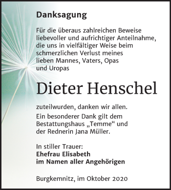 Traueranzeige von Dieter Henschel von Mitteldeutsche Zeitung Bitterfeld