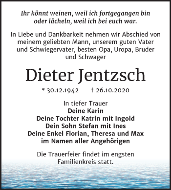 Traueranzeige von Dieter Jentzsch von Mitteldeutsche Zeitung Naumburg/Nebra