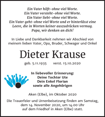 Traueranzeige von Dieter Krause von Super Sonntag Köthen