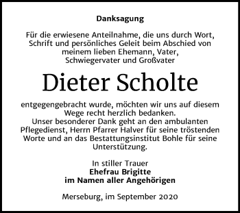 Traueranzeige von Dieter Scholte von Mitteldeutsche Zeitung Merseburg/Querfurt