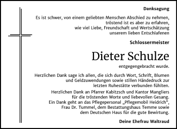 Traueranzeige von Dieter Schulze von Mitteldeutsche Zeitung Bitterfeld