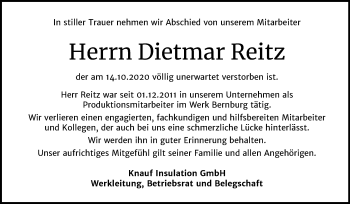 Traueranzeige von Dietmar Reitz von Wochenspiegel Bernburg