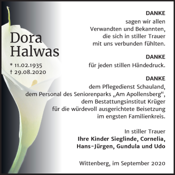 Traueranzeige von Dora Halwas von Mitteldeutsche Zeitung Wittenberg