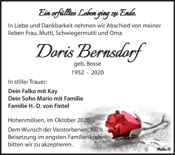 Traueranzeige von Doris Bernsdorf von Mitteldeutsche Zeitung Weißenfels