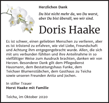 Traueranzeige von Doris Haake von Mitteldeutsche Zeitung Halle/Saalkreis
