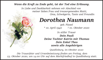 Traueranzeige von Dorothea Naumann von Super Sonntag Quedlinburg
